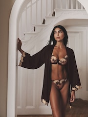 AIYLA Chocolate Brown Swiss Designed Embroidered Short Satin Robe - Image 3 of 5