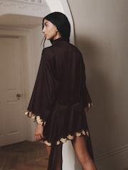 AIYLA Chocolate Brown Swiss Designed Embroidered Short Satin Robe - Image 4 of 5