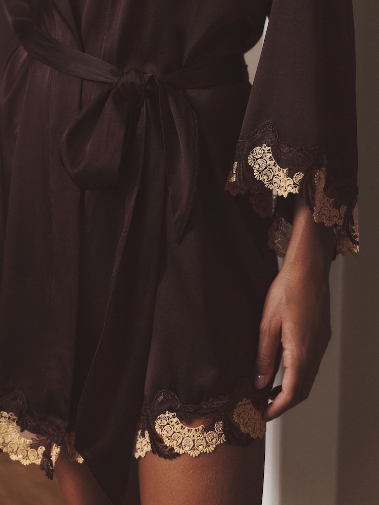 AIYLA Chocolate Brown Swiss Designed Embroidered Short Satin Robe - Image 5 of 5