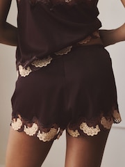 AIYLA Chocolate Brown Swiss Designed Embroidered Silk Shorts - Image 4 of 9