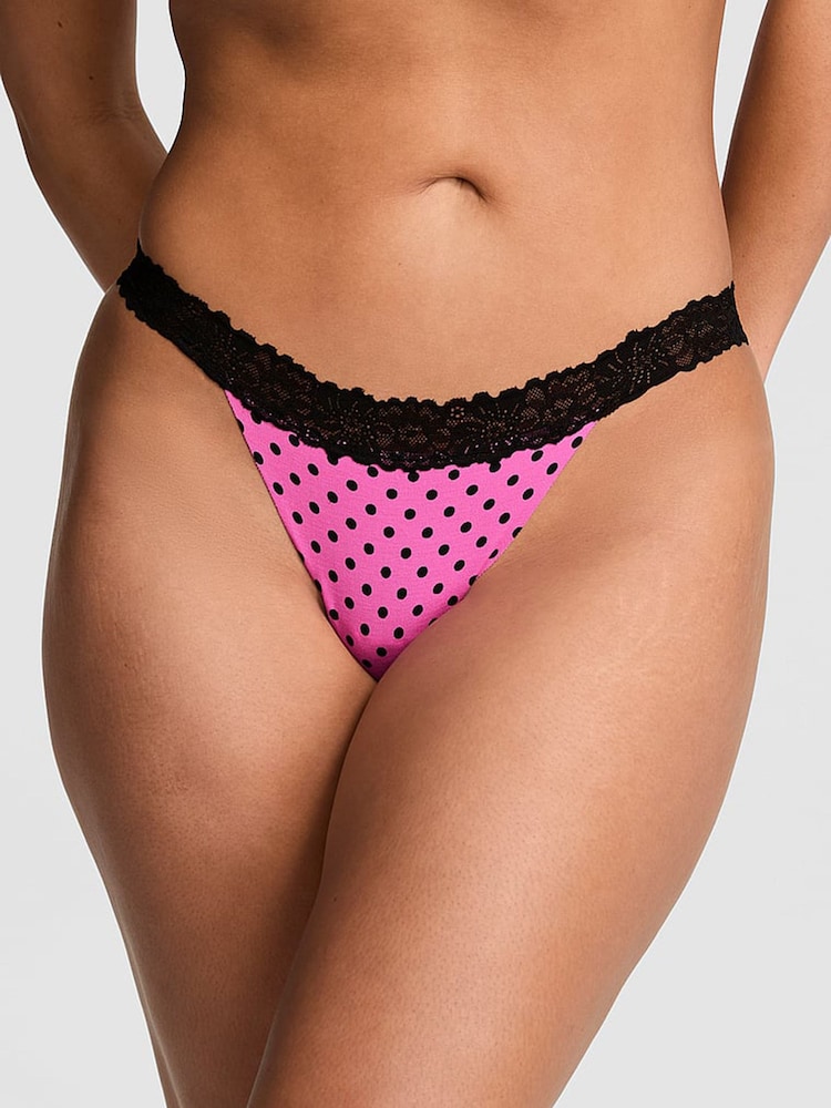 Victoria's Secret Pink Sizzling Strawberry Pink Polka Dots G-String Lace Trim Knickers - Image 1 of 2