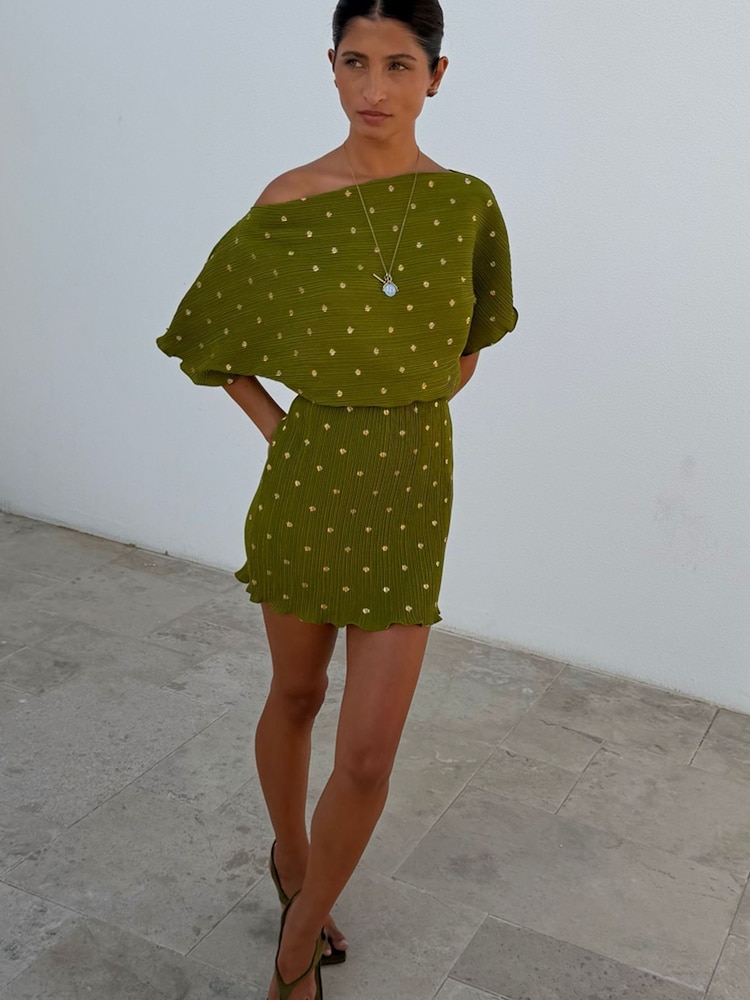 Never Fully Dressed Green Mini Plisse Tilly Dress - Image 1 of 4