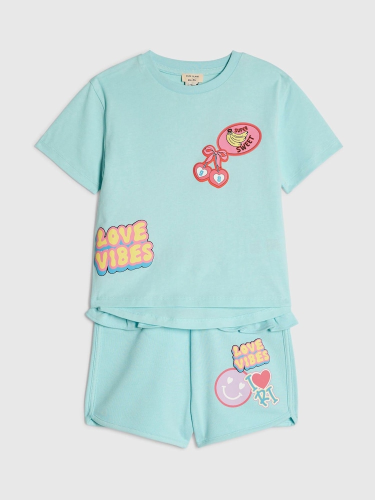River Island Blue Iconic Vibes T-Shirt & Shorts Set - Image 1 of 5 River Island Blue Iconic Vibes T-Shirt & Shorts Set - Image 1 of 5