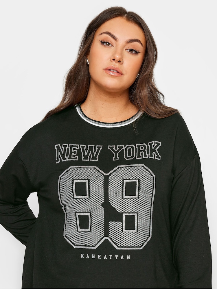 Yours Curve Black New York Glitter Slogan Print Sweatshirt - Image 4 of 4