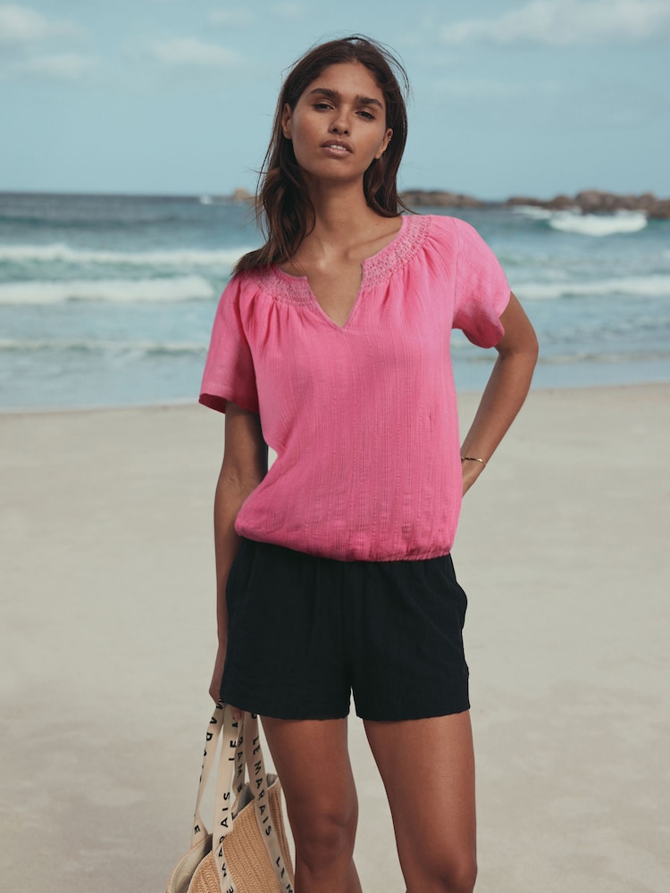 Neon-Rosa - Kurzarm-Top mit Notch-Ausschnitt und gerafftem Bubble-Saum - Bild 1 von 4