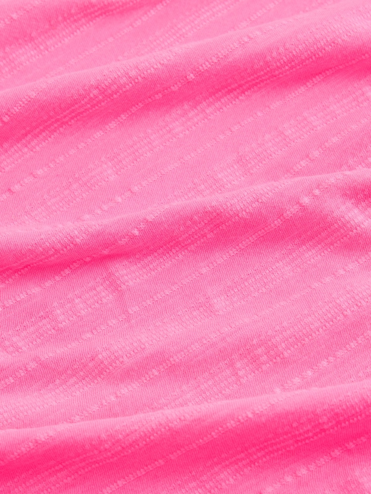 Fluorescent Pink Short Sleeve Notch Neck Shirred Bubblehem Top - Image 6 of 6 Fluorescent Pink Short Sleeve Notch Neck Shirred Bubblehem Top - Image 6 of 6