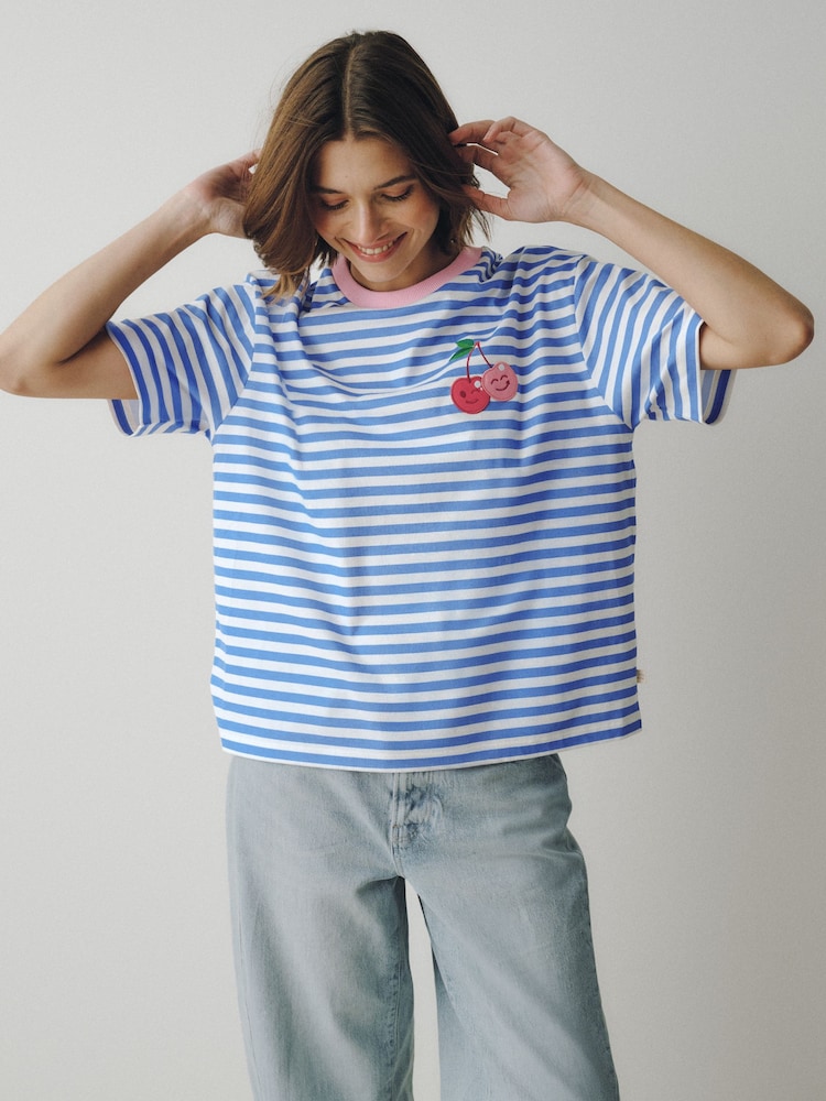 Little Bird by Jools Oliver Cherry Applique Stripe Boxy T-Shirt - Image 1 of 6