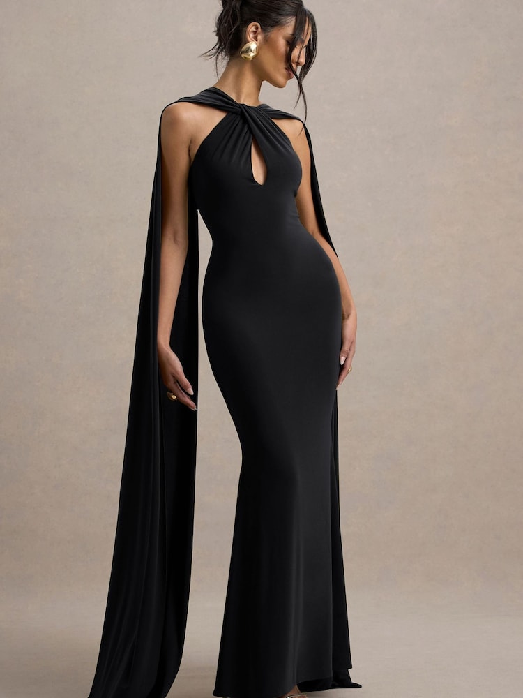 Club L London Black Rhoda Twist Halter-Neck Cape Maxi Dress - Image 1 of 5