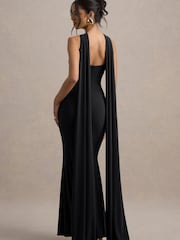 Club L London Black Rhoda Twist Halter-Neck Cape Maxi Dress - Image 2 of 5