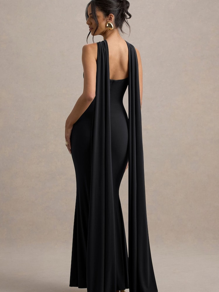 Club L London Black Rhoda Twist Halter-Neck Cape Maxi Dress - Image 2 of 5