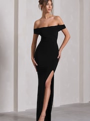 Club L London Black Law of Attraction | Bardot Draped Split Maxi Dress - Image 4 of 5