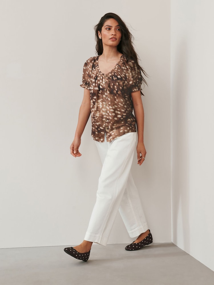 Deer Print Flutter Sleeve Button Front Top With Linen - Image 1 of 6