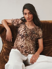 Deer Print Flutter Sleeve Button Front Top With Linen - Image 2 of 6