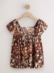 Deer Print Flutter Sleeve Button Front Top With Linen - Image 4 of 6