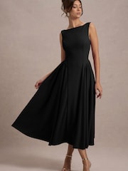 Club L London Black Muriel |Boat-Neck Volume-Hem Midi Dress - Image 1 of 5