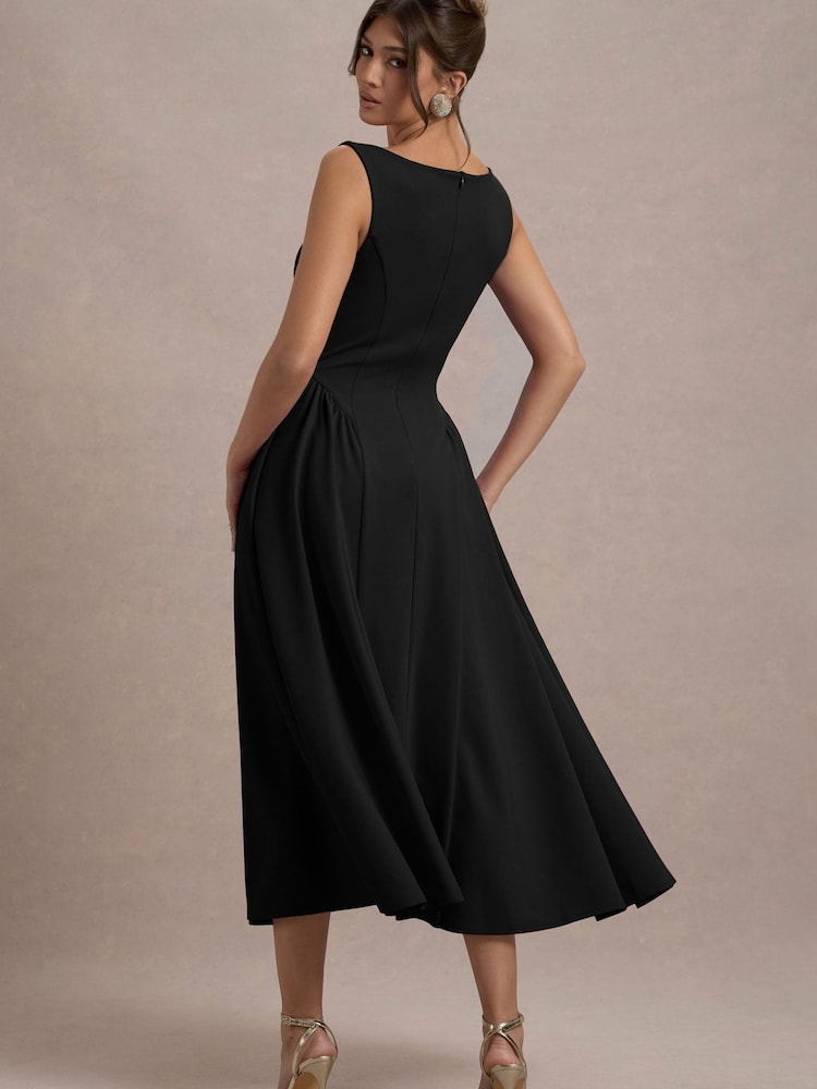 Club L London Black Muriel |Boat-Neck Volume-Hem Midi Dress - Image 2 of 5