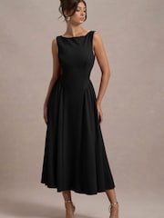 Club L London Black Muriel |Boat-Neck Volume-Hem Midi Dress - Image 3 of 5