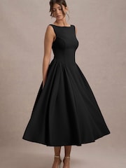 Club L London Black Muriel |Boat-Neck Volume-Hem Midi Dress - Image 4 of 5