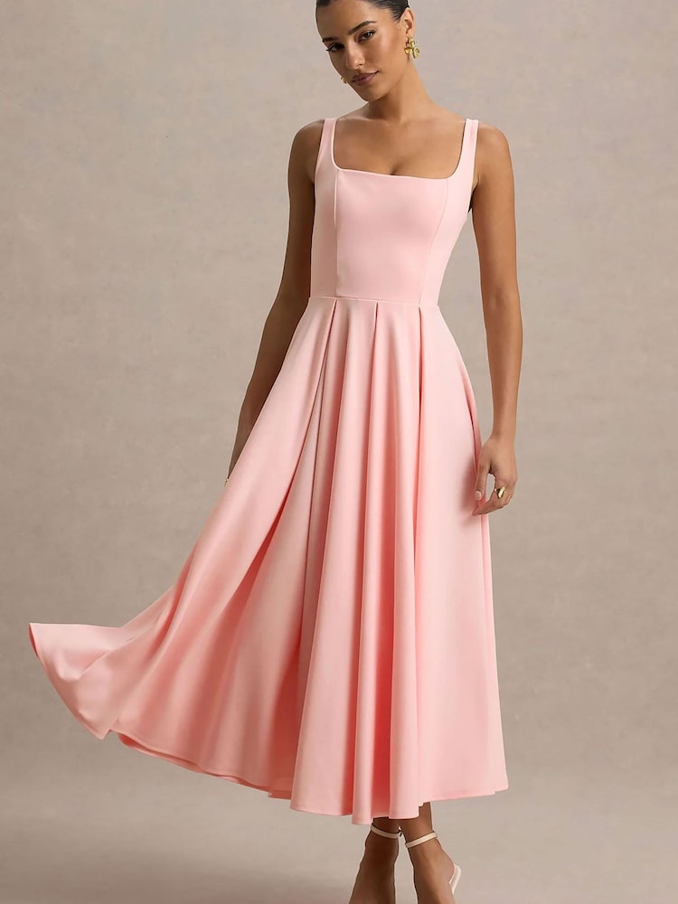 Club L London Pink Strappy Volume Hem Midi Dress - Image 1 of 5