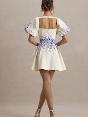 Club L London Cream Tapia Wisteria Print Belted Mini Dress - Image 2 of 6
