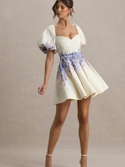 Club L London Cream Tapia Wisteria Print Belted Mini Dress - Image 4 of 6