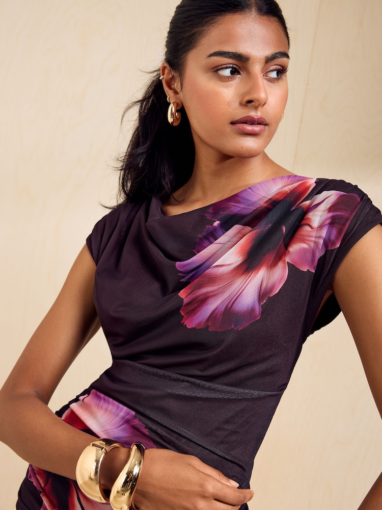 Friends Like These Brown Draped Mesh Floral Print Top - Image 1 of 6