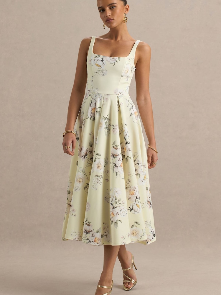 Club L London Yellow Strappy Volume Hem Midi Dress - Image 1 of 5