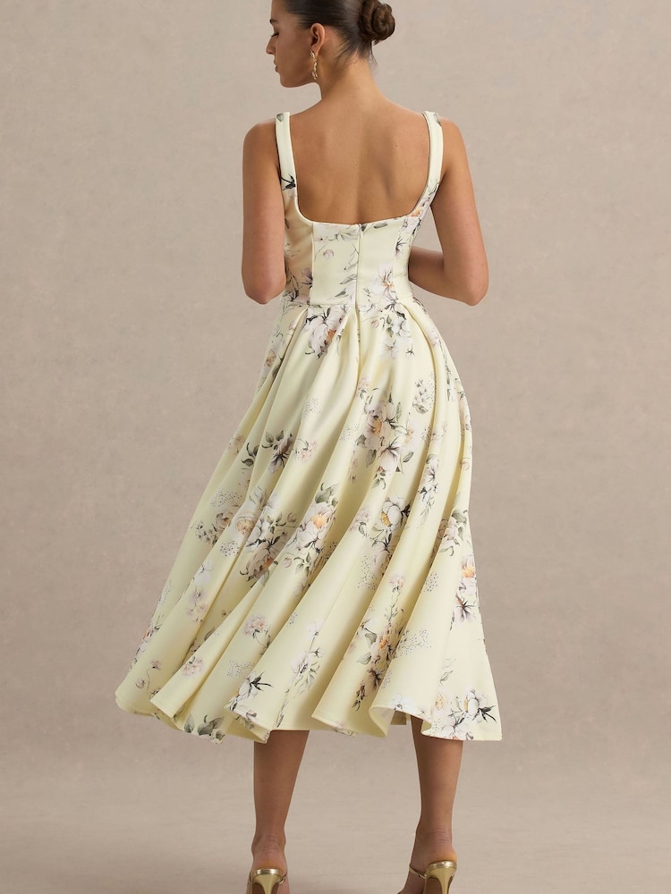 Club L London Yellow Strappy Volume Hem Midi Dress - Image 2 of 5