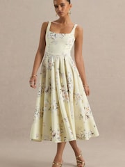 Club L London Yellow Strappy Volume Hem Midi Dress - Image 3 of 5