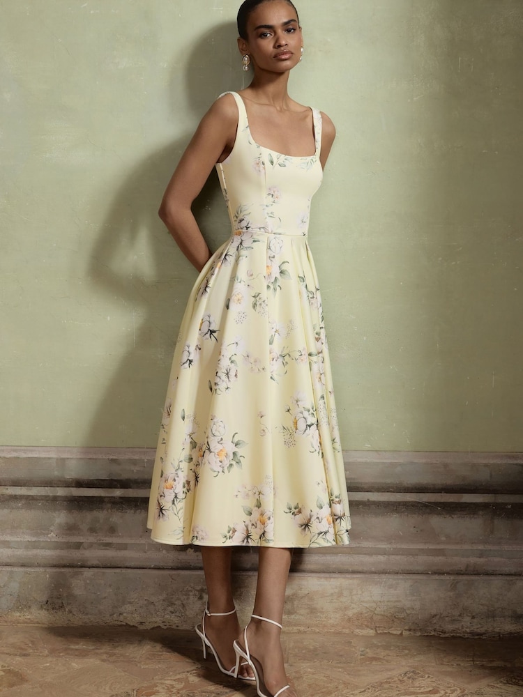 Club L London Yellow Strappy Volume Hem Midi Dress - Image 5 of 5