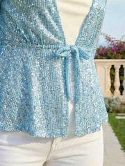 Roman Blue Sequin Tie Front Stretch Top - Image 4 of 4