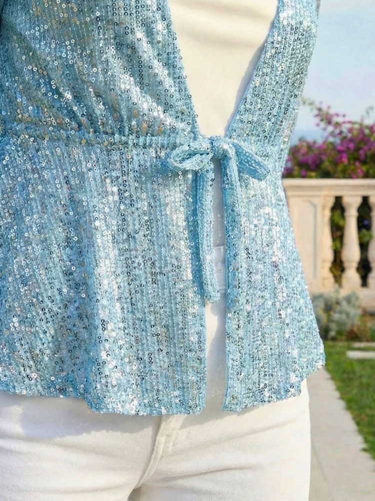 Roman Blue Sequin Tie Front Stretch Top - Image 4 of 4