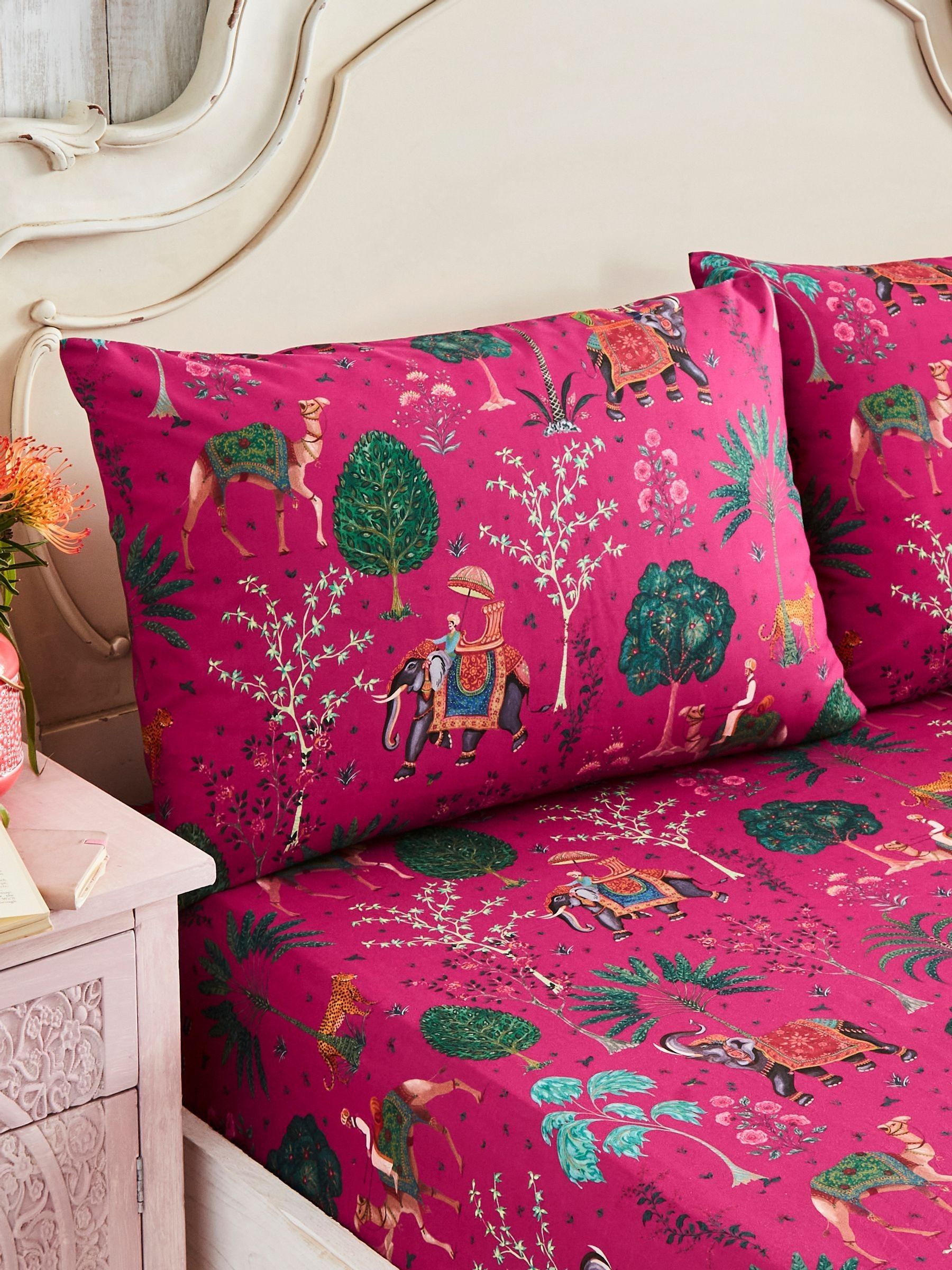 Joe Browns Boho Elephant Print 100% Cotton Fitted Sheet & Separate Pillowcases in Fuchsia | Size: Standard Pillow Case - Image 4