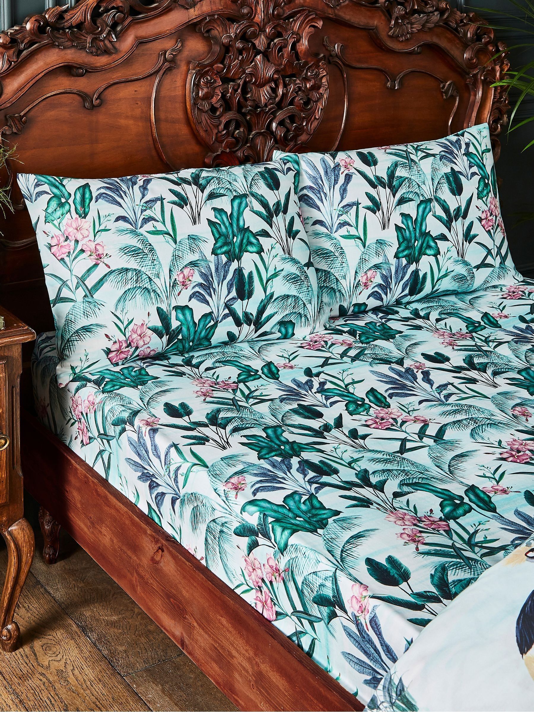 Joe Browns Flamingo Print 100% Cotton Fitted Sheet & Separate Pillowcases in Aqua | Size: Super King Fitted - Image 3