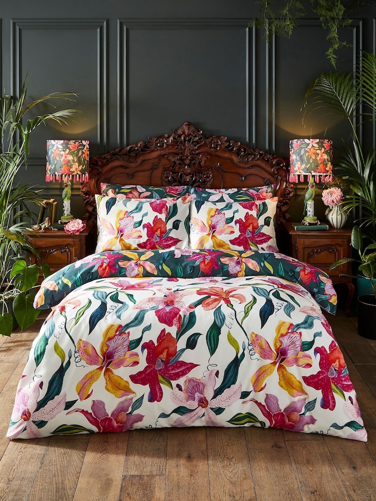 Joe Browns White or Green Orchid Oasis Cotton Sateen Reversible Duvet Cover and Pillowcase Set - Image 1 of 6