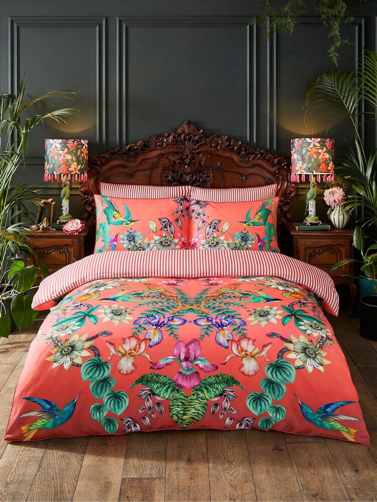 Joe Browns Coral Marvellous Mirrored Bird Cotton Sateen Reversible Duvet Cover and Pillowcase Set - Image 1 of 3