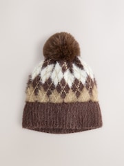 Chocolate Brown Argyle Lurex Knitted Pom Beanie Hat - Image 1 of 3