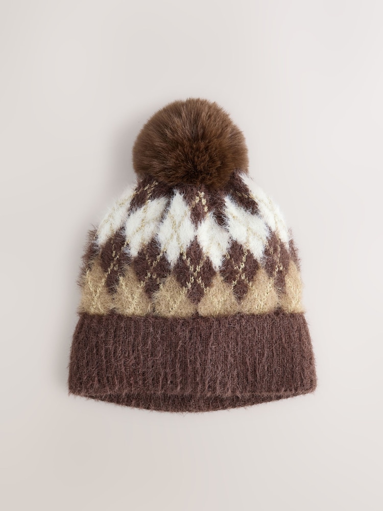 Chocolate Brown Argyle Lurex Knitted Pom Beanie Hat - Image 1 of 3 Chocolate Brown Argyle Lurex Knitted Pom Beanie Hat - Image 1 of 3