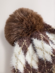 Chocolate Brown Argyle Lurex Knitted Pom Beanie Hat - Image 2 of 3