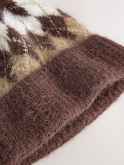 Chocolate Brown Argyle Lurex Knitted Pom Beanie Hat - Image 3 of 3