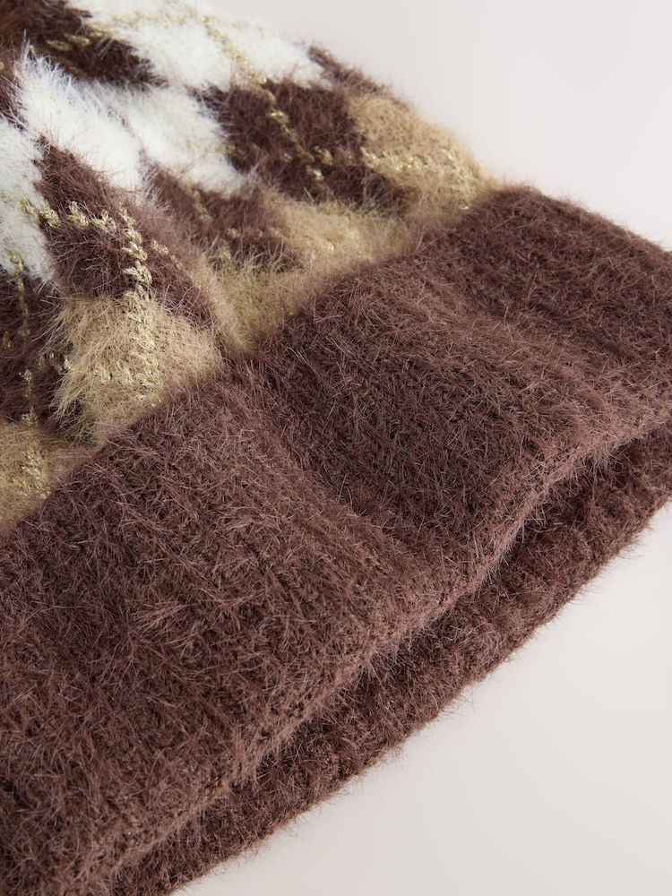 Chocolate Brown Argyle Lurex Knitted Pom Beanie Hat - Image 3 of 3 Chocolate Brown Argyle Lurex Knitted Pom Beanie Hat - Image 3 of 3