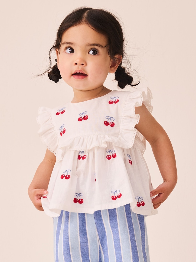 Blue Stripe & Red Cherries Trouser and Sleeveless Blouse Set (3mths-8yrs) - Image 1 of 4 Blue Stripe & Red Cherries Trouser and Sleeveless Blouse Set (3mths-8yrs) - Image 1 of 4