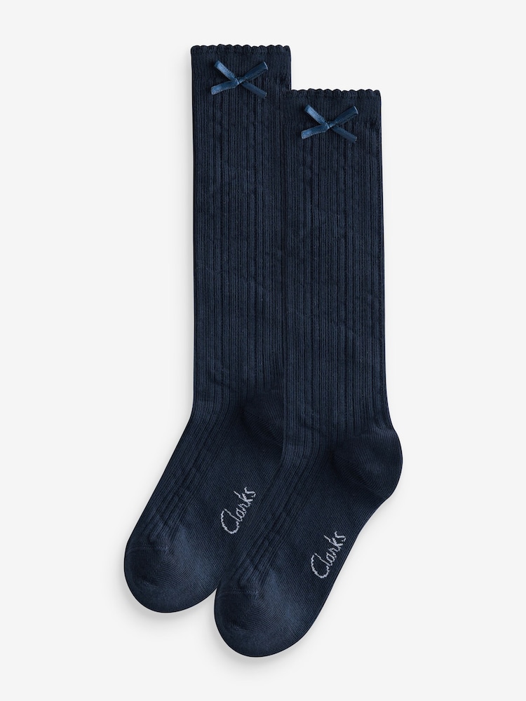 Clarks Navy Clarks Back To School Bow Knee High Socks 2 Pack - Image 1 of 5 Clarks Navy Clarks Back To School Bow Knee High Socks 2 Pack - Image 1 of 5