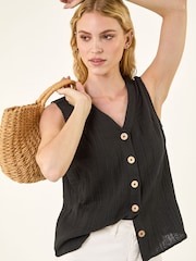 Roman Black V-Neck Button Detail Vest - Image 1 of 5