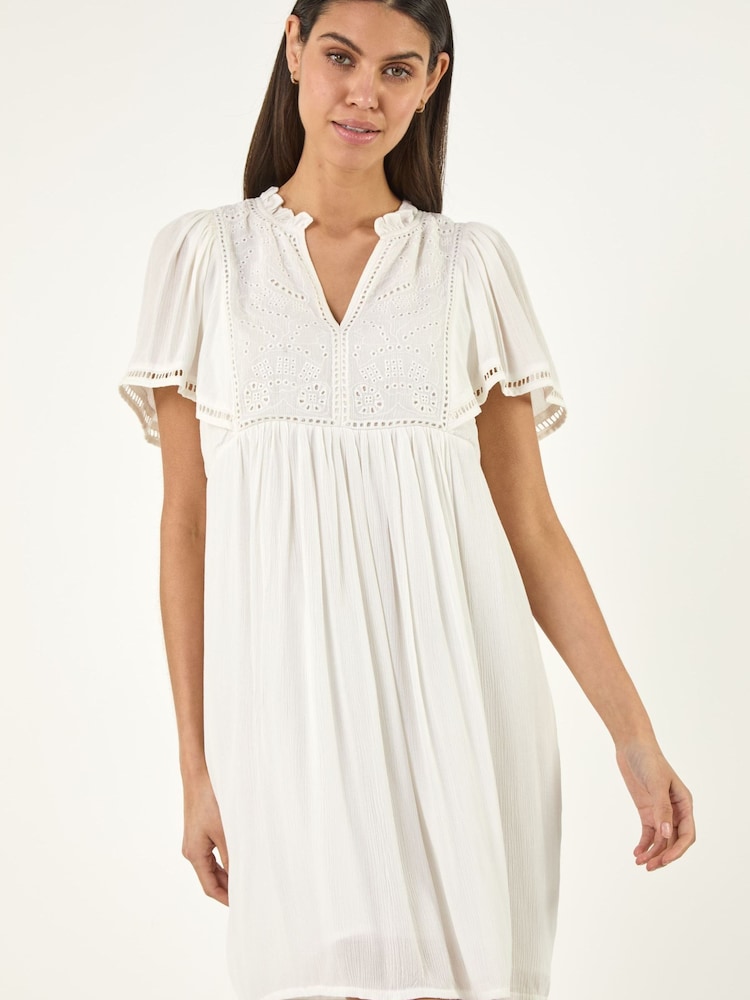 Roman White Embroidered V-Neck Dress - Image 1 of 5 Roman White Embroidered V-Neck Dress - Image 1 of 5
