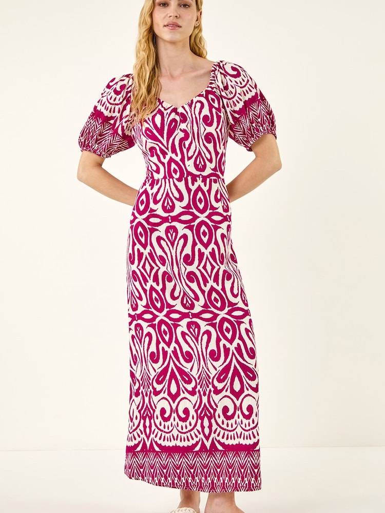 Roman Pink Abstract Print Sweetheart Midi Dress - Image 1 of 5