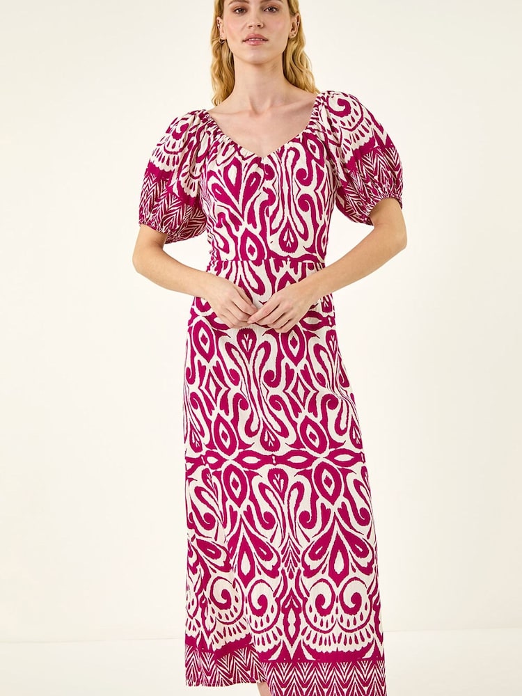 Roman Pink Abstract Print Sweetheart Midi Dress - Image 2 of 5