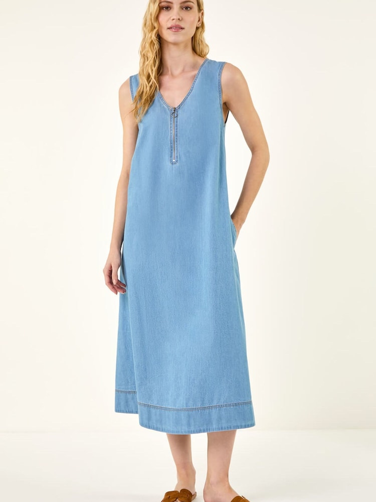 Roman Blue Zip Front Sleeveless Midi Dress - Image 1 of 5