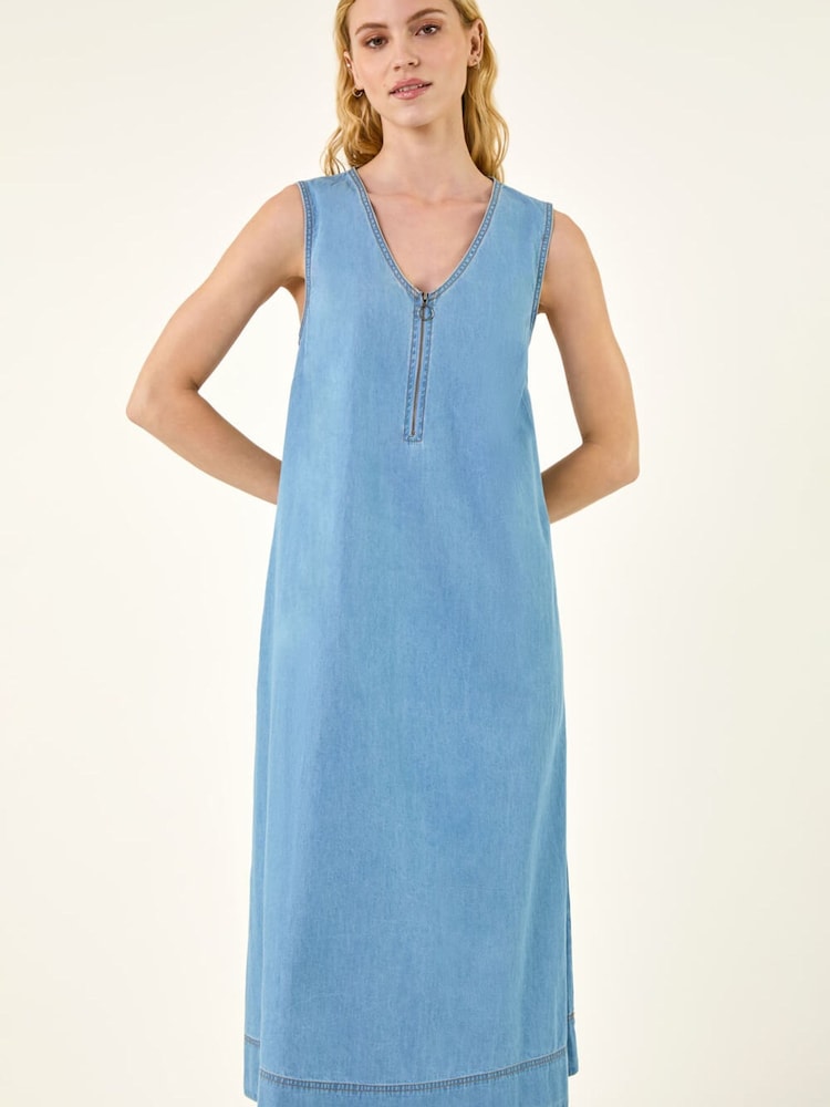 Roman Blue Zip Front Sleeveless Midi Dress - Image 2 of 5