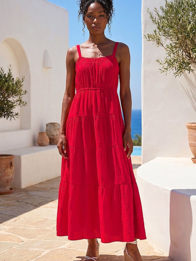red strappy dress Plisse Cup Detail Midaxi Model is 58 tall wearing 3 inch heels Womens River Island Red Strappy